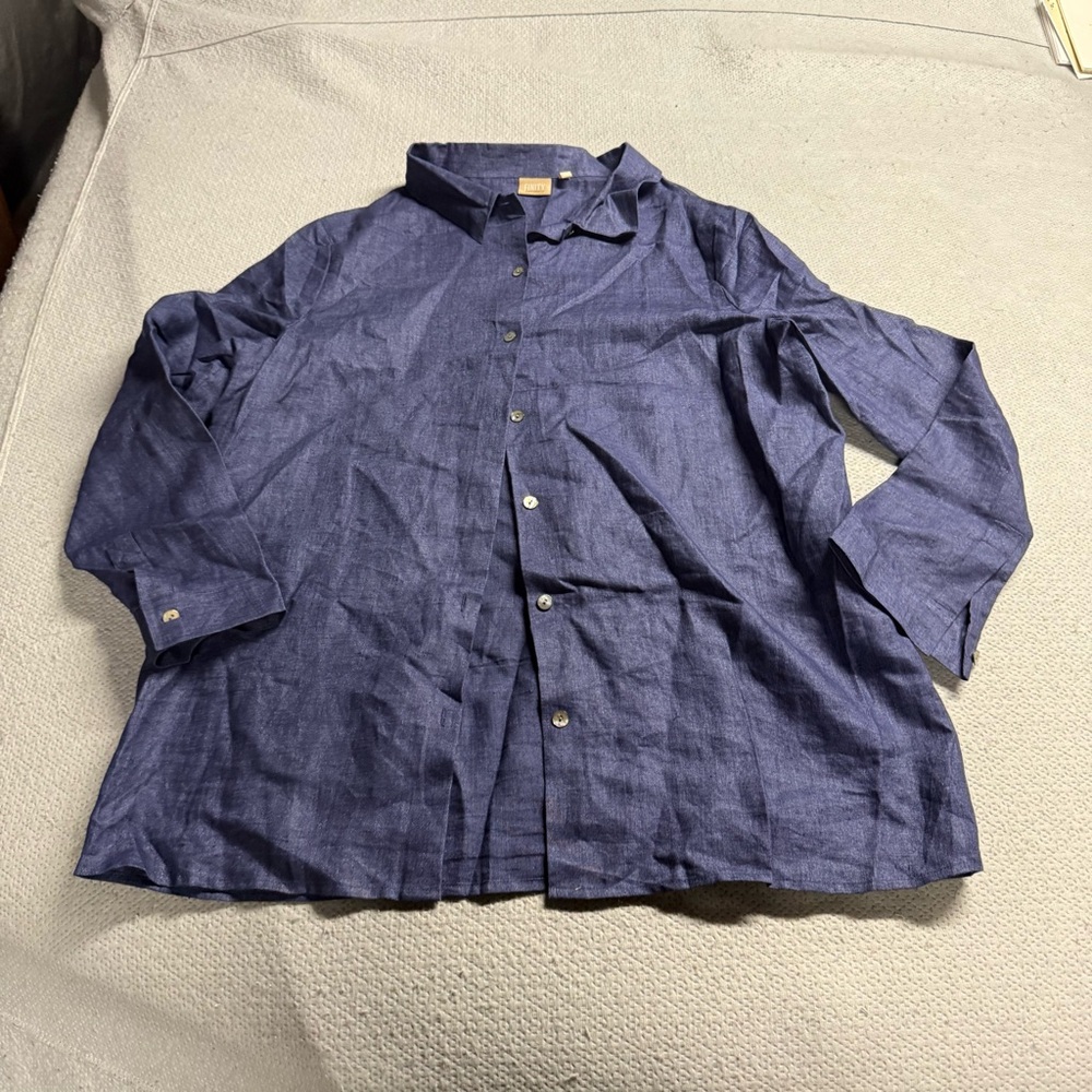 Finity Naturals Vintage 100% Linen Blue Resort Casual Button-Up Shirt XLarge EUC